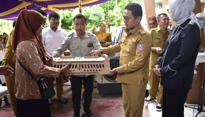 Penjagub Hamka Hendra Noer saat menyerahkan bantuan bibit ayam DOC kepada perwakilan kelompok ternak ayam, saat kunjungan kerja ke Dinas Pertanian Provinsi Gorontalo, Senin (7/11/2022). (Foto:Ist/ Diskominfotik)