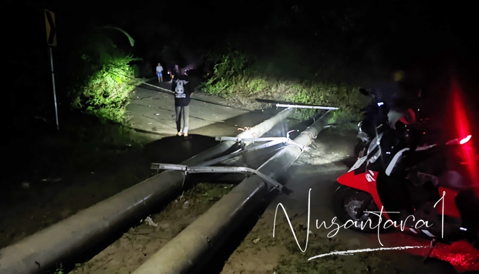 Tiang listrik tumbang ke jalan yang menyebabkan penerangan dan akses di Dilamayo lumpuh. [foto:juna/nusantara1]