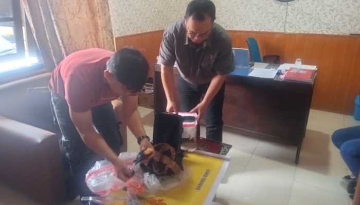 Kasat Narkoba Polres Sangihe, Iptu Hevry Samson membuka paket yang berisi 1.000 butir obat keras. [foto:grace/nusantara1]