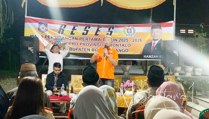 Anggota DPRD Provinsi Gorontalo, Hamzah Idrus saat melakukan reses di Desa Langge, Kecamatan Tapa, Kabupaten Bone Bolango, Rabu 22 Oktober 2025. [foto:fikar/nusantara1]