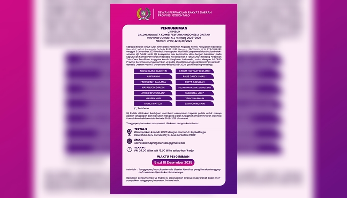 Pamflet DPRD terkait Uji Publik Kepala KPID Gorontalo 2026—2029.