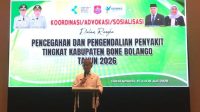 Bupati Bone Bolango, Ismet Mile saat membuka kegiatan Koordinasi, Advokasi dan Sosialisasi Pencegahan dan Pengendalian Penyakit tingkat Kabupaten Bone Bolango tahun 2026 di Hotel Amaris Kota Gorontalo, Rabu 15 Juli 2026. [foto:dok/diskominfo]